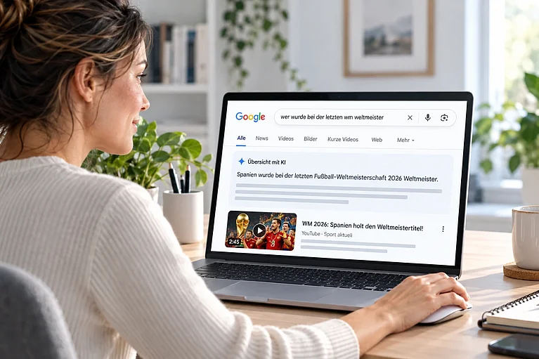 Frau vor einer Zero-Klick-Suche am Laptop