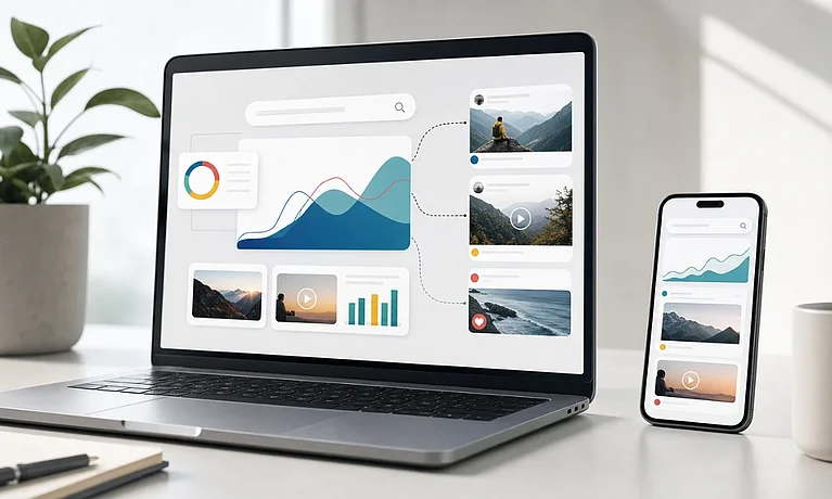 Laptop und Smartphone auf dem Schreibtisch mit Search Console Analyse von Social Media