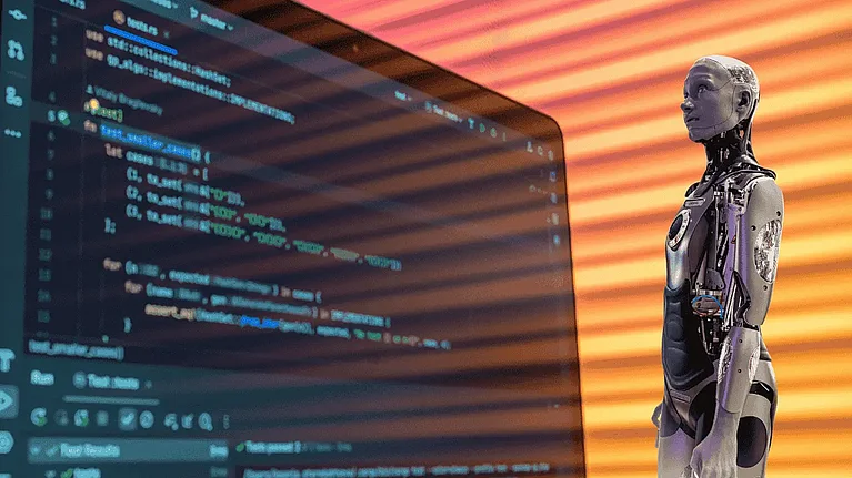 Roboter schaut auf den Code von Genie 3