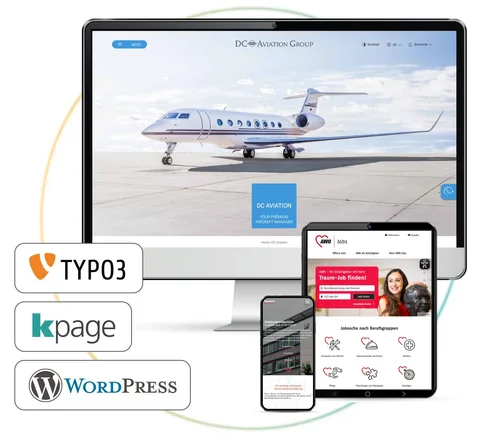 Website erstellen - Screenshots mit Logo TYPO3, kpage und WordPress
