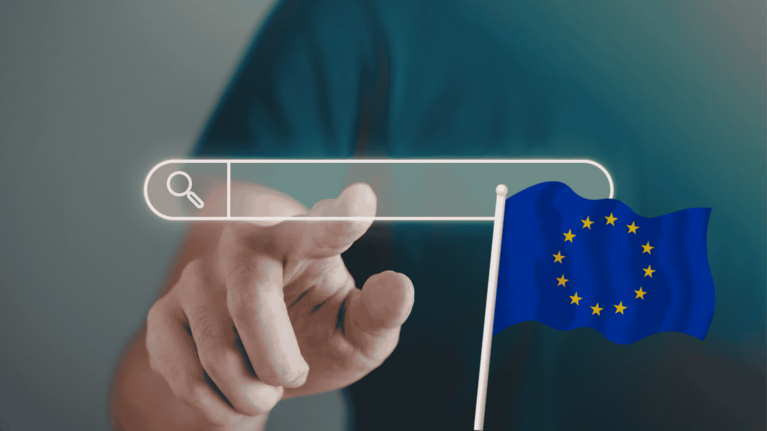 Google Suchleiste wird angeklickt, darüber die EU Flagge