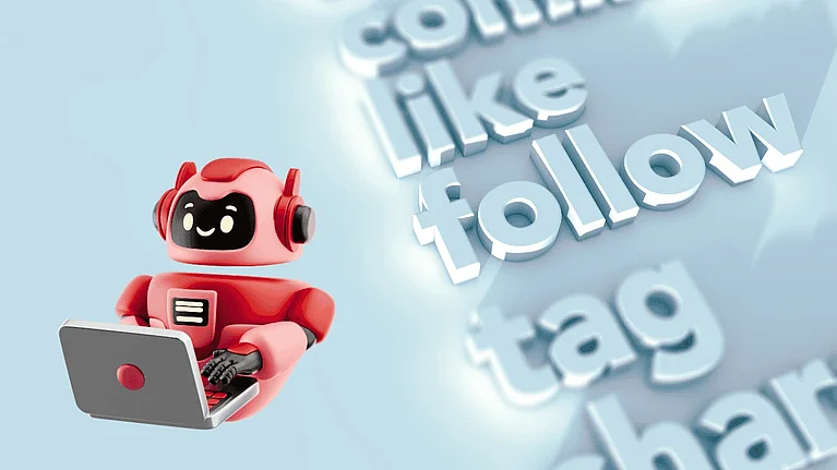 Rechts steht like, follow, tag und links ist ein Roboter mit Laptop