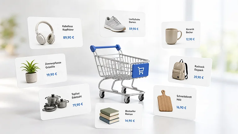 warenkorb mit onlineshop-produkten