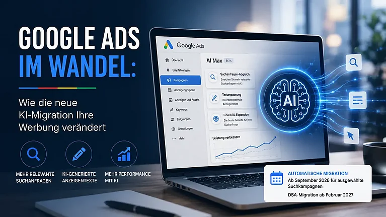 Google Ads AI Max auf einem Laptop, symbolisch für die KI Migration und automatisierte Suchkampagnen.